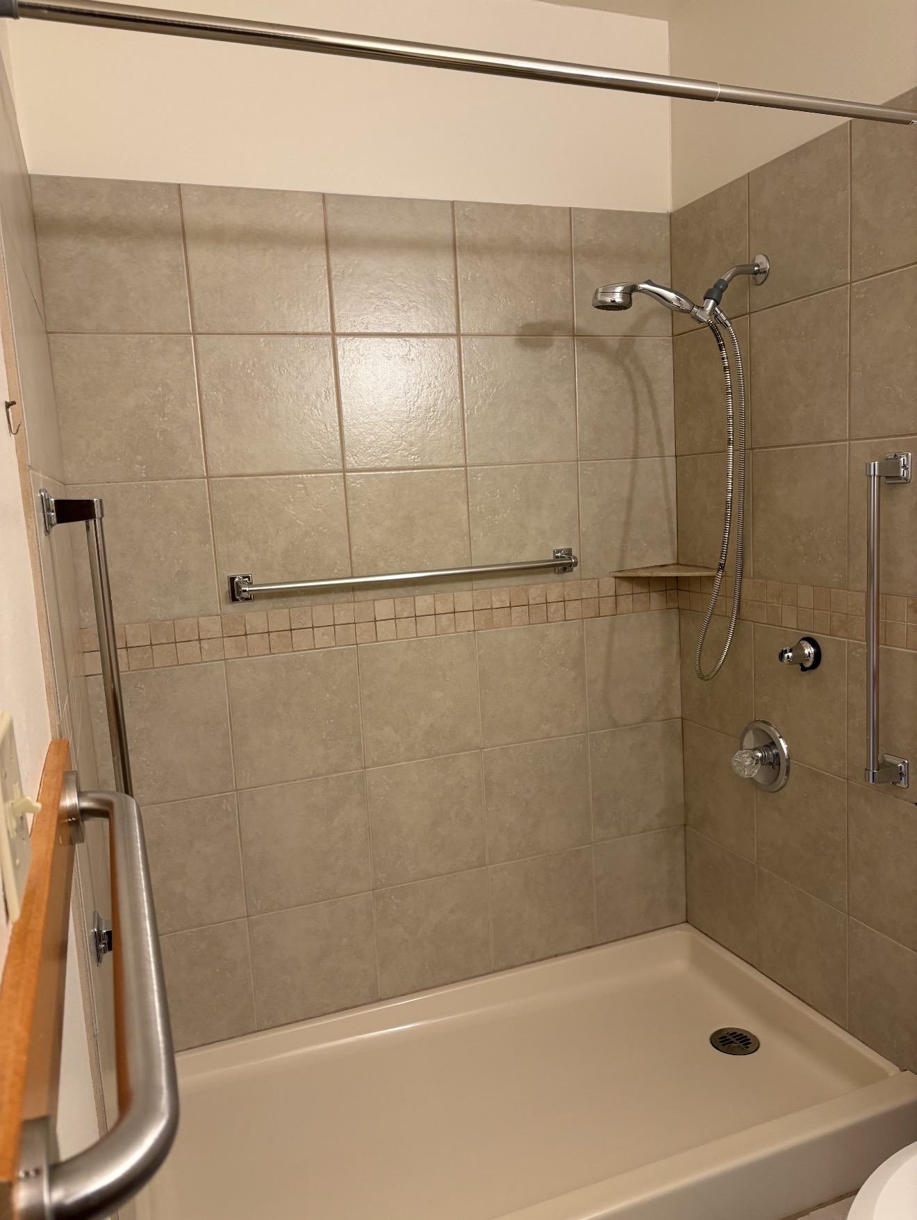Apartment walk-in shower with grab bars and handheld shower head