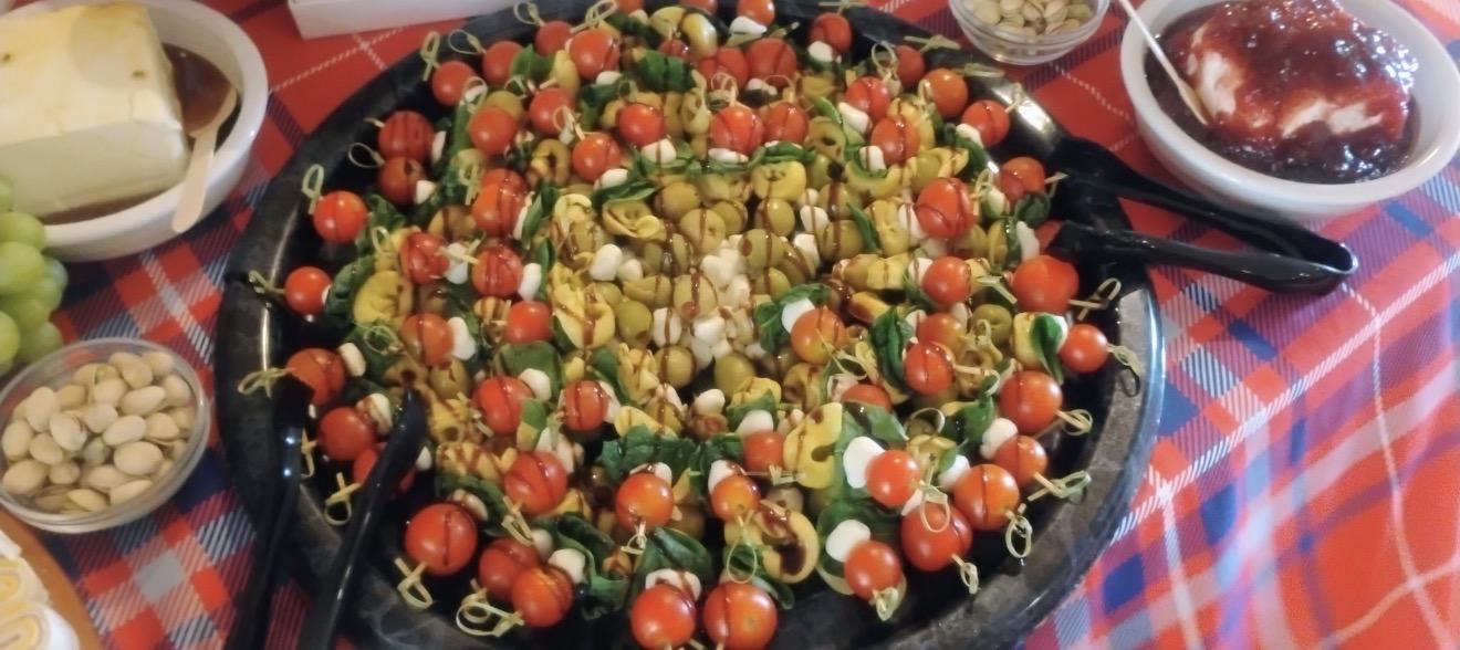 Fresh tortellini skewers prepared for residents